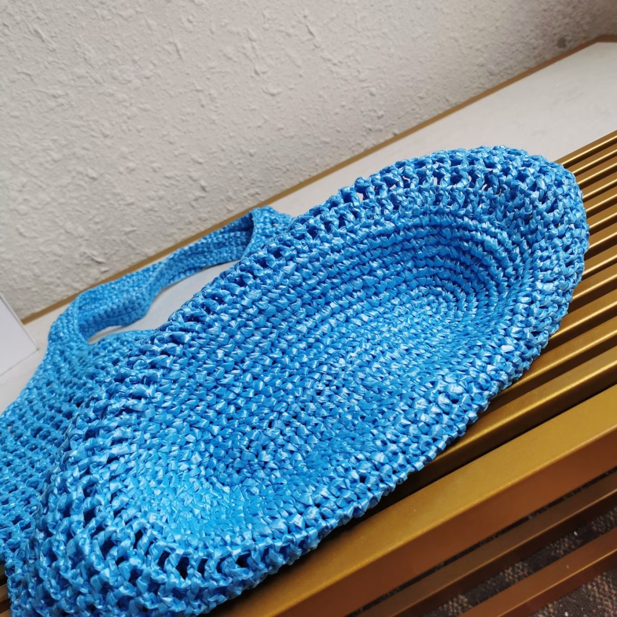 Prada Large Tote Bag In Blue Woven Raffia - Image 3