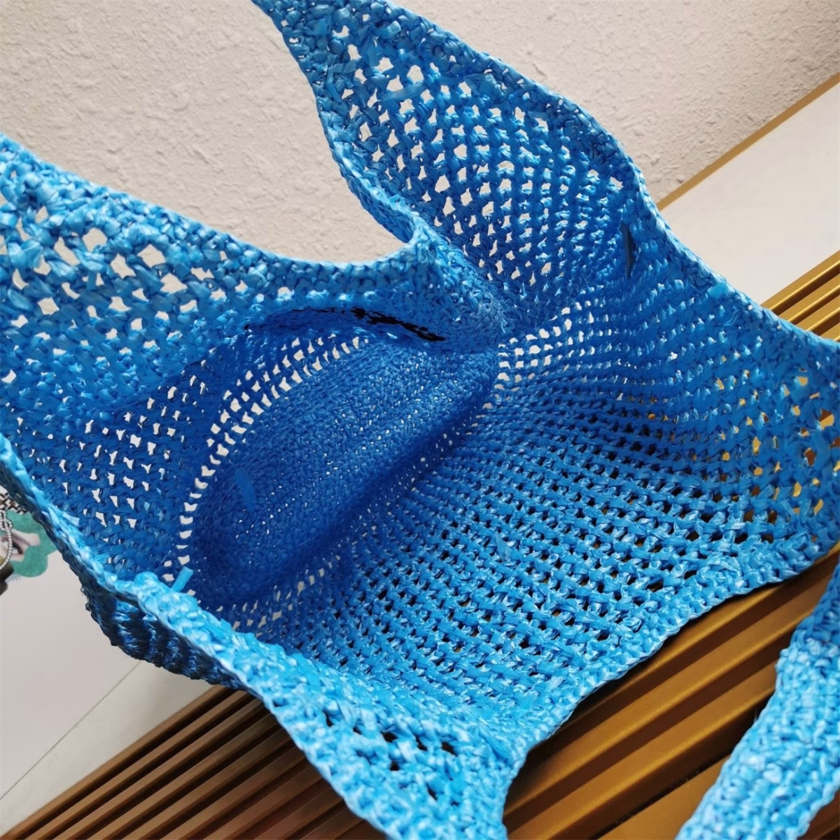 Prada Large Tote Bag In Blue Woven Raffia - Image 7