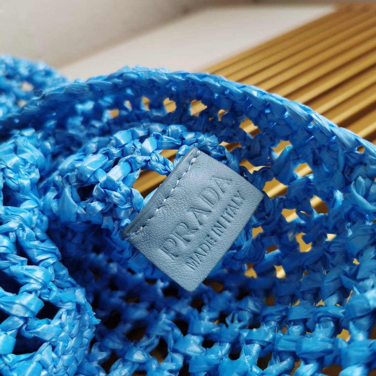 Prada Large Tote Bag In Blue Woven Raffia - Image 9