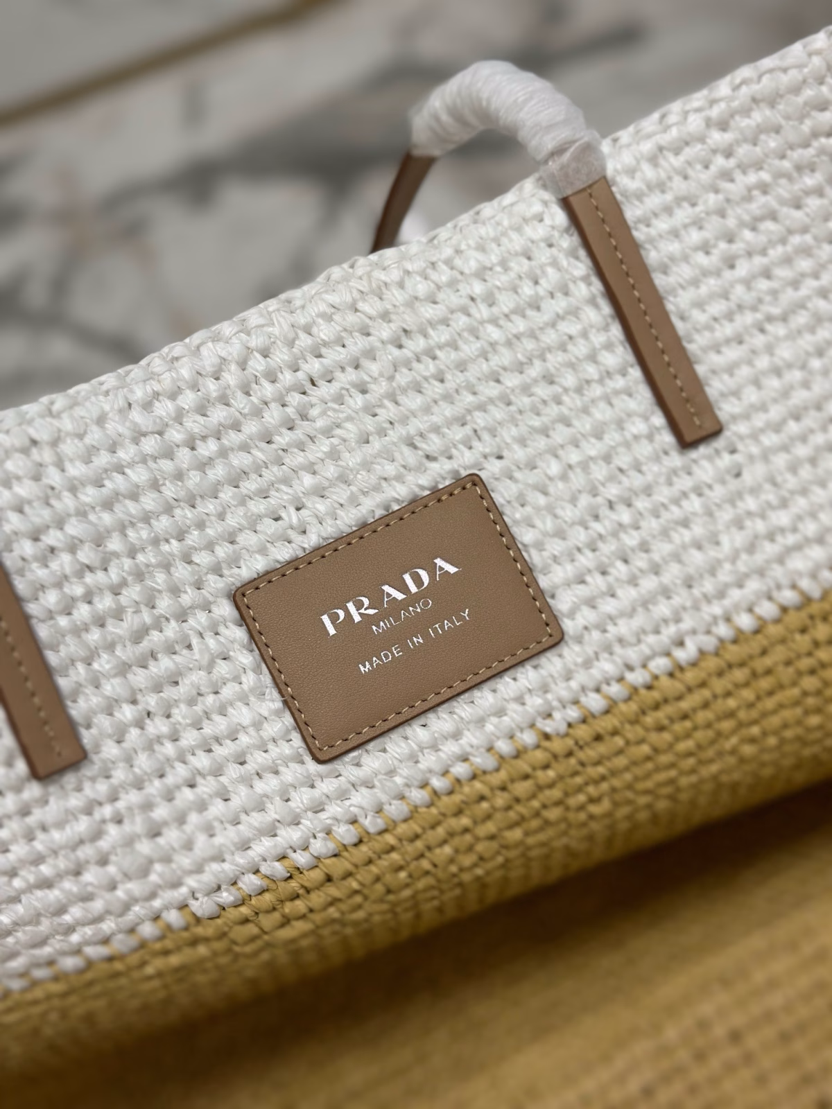 Prada Crochet Large Tote Bag in Beige/White Raffia-effect Yarn - Image 6