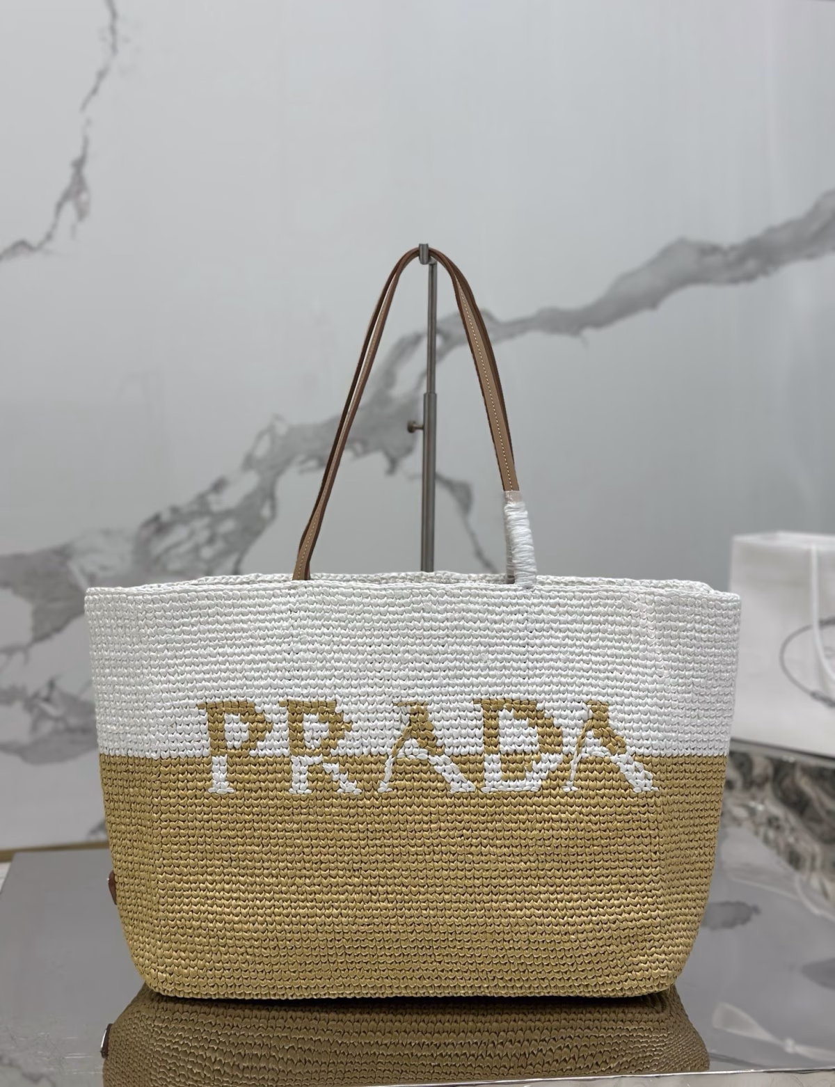 Prada Crochet Large Tote Bag in Beige/White Raffia-effect Yarn - Image 7