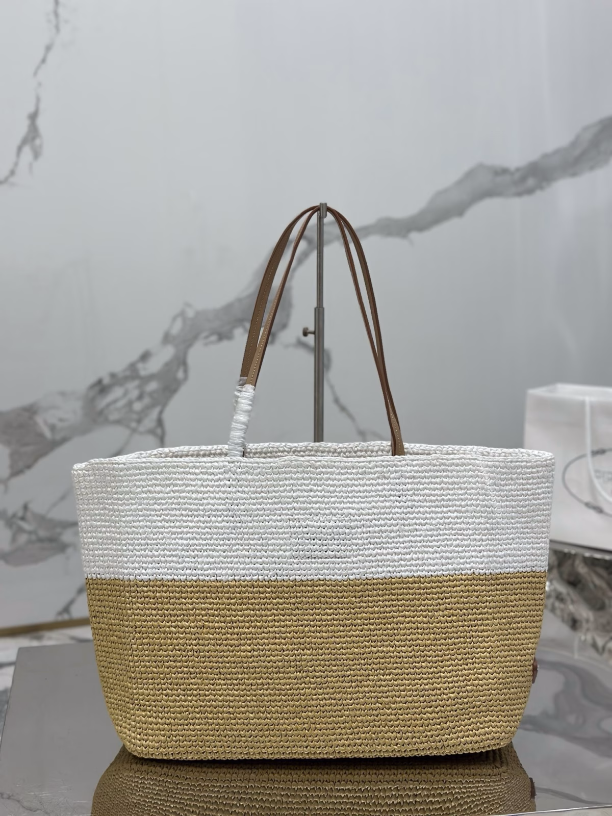 Prada Crochet Large Tote Bag in Beige/White Raffia-effect Yarn - Image 8