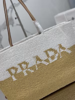 Prada Crochet Large Tote Bag in Beige/White Raffia-effect Yarn - Image 2