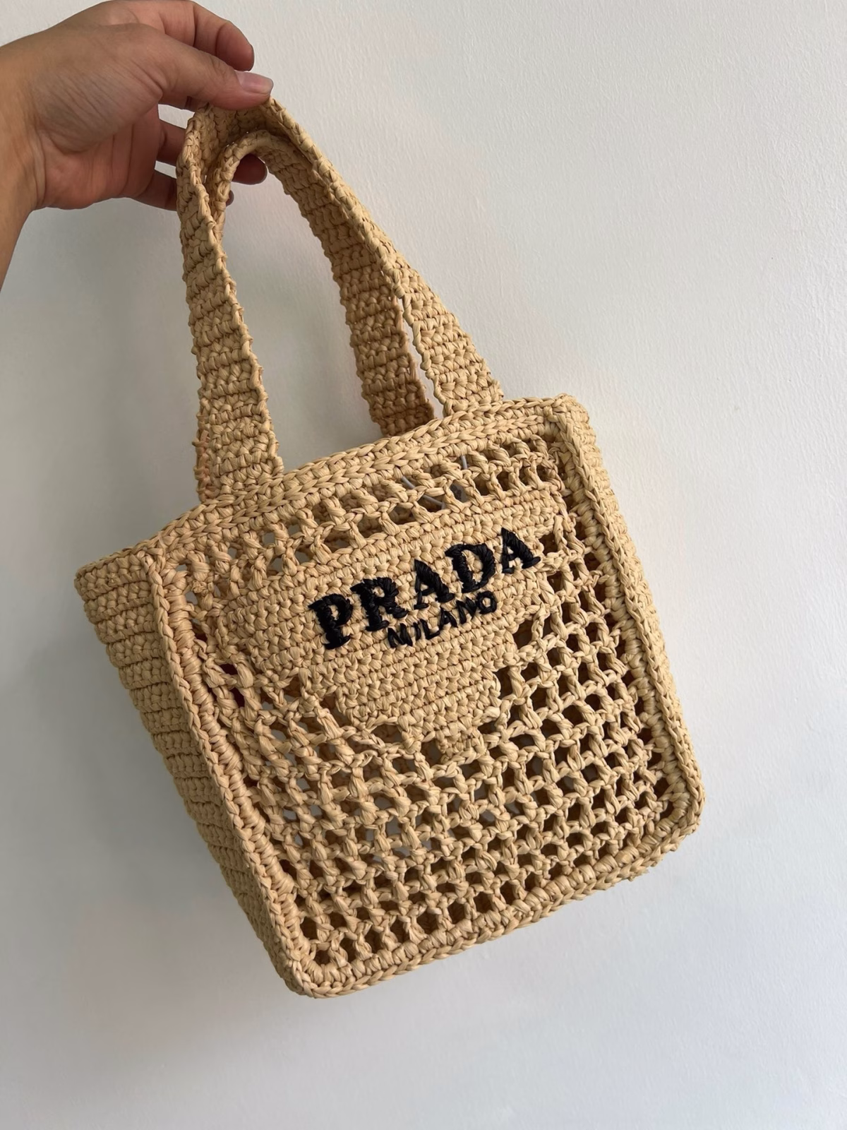 Prada Small Crochet Tote in Beige Raffia-effect Yarn - Image 6