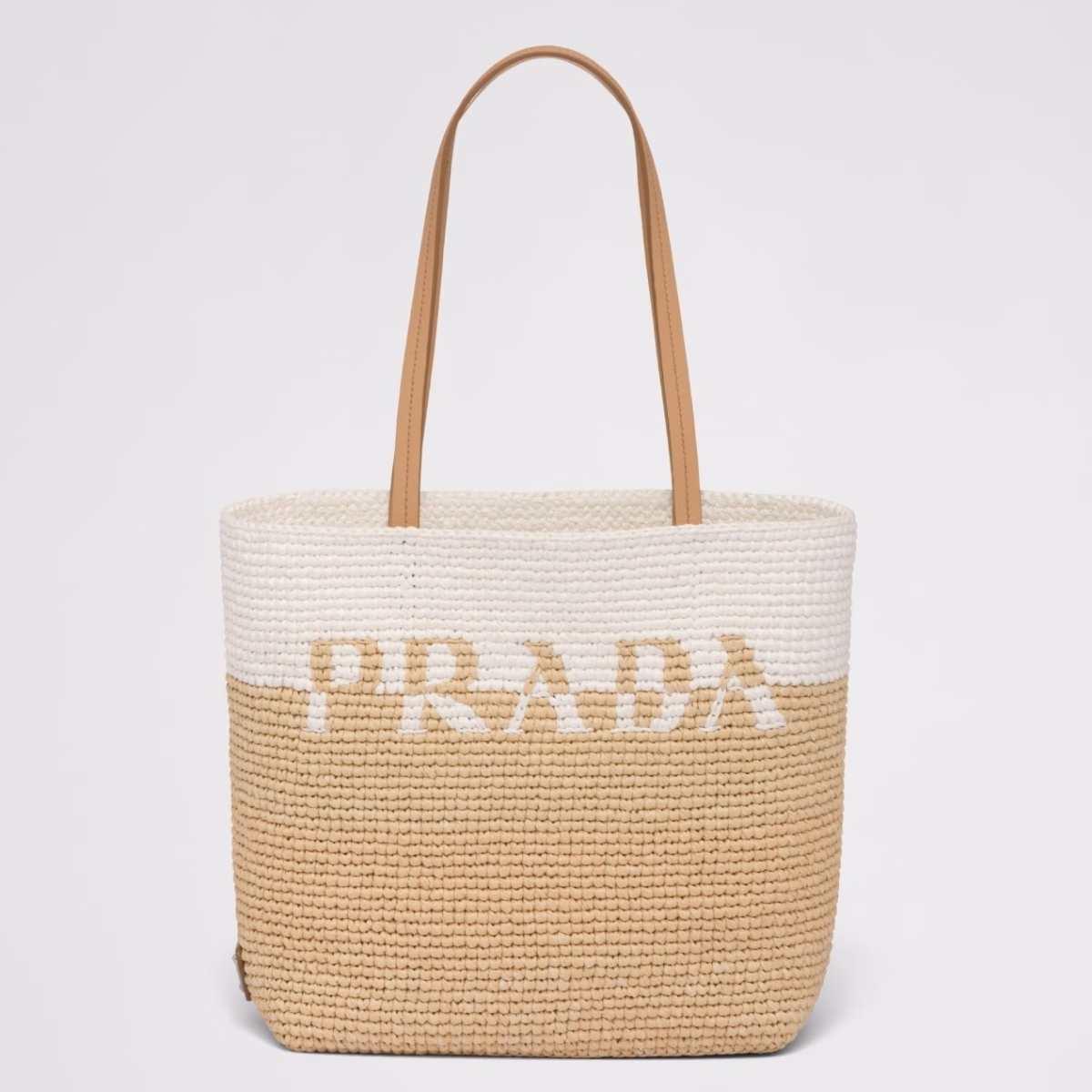 Prada Crochet Small Tote Bag in Beige/White Raffia-effect Yarn - Image 1