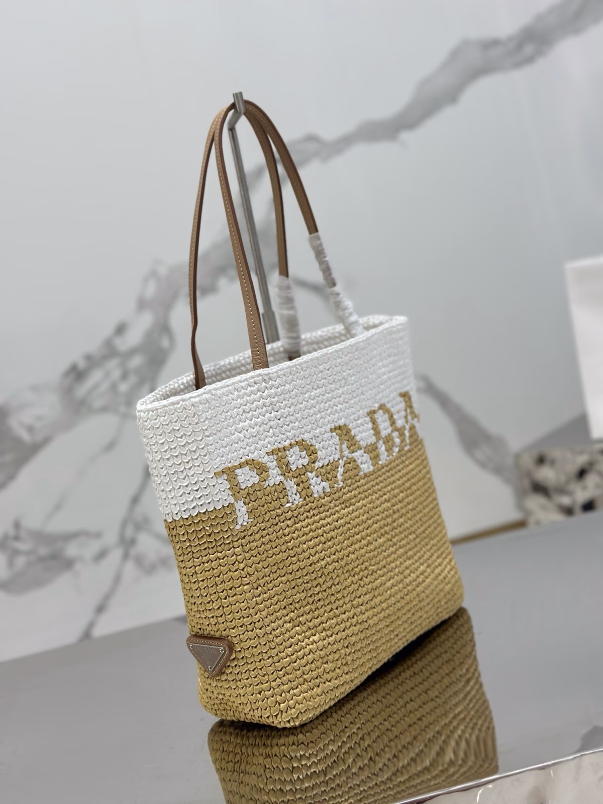 Prada Crochet Small Tote Bag in Beige/White Raffia-effect Yarn - Image 8