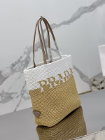Prada Crochet Small Tote Bag in Beige/White Raffia-effect Yarn - Image 8