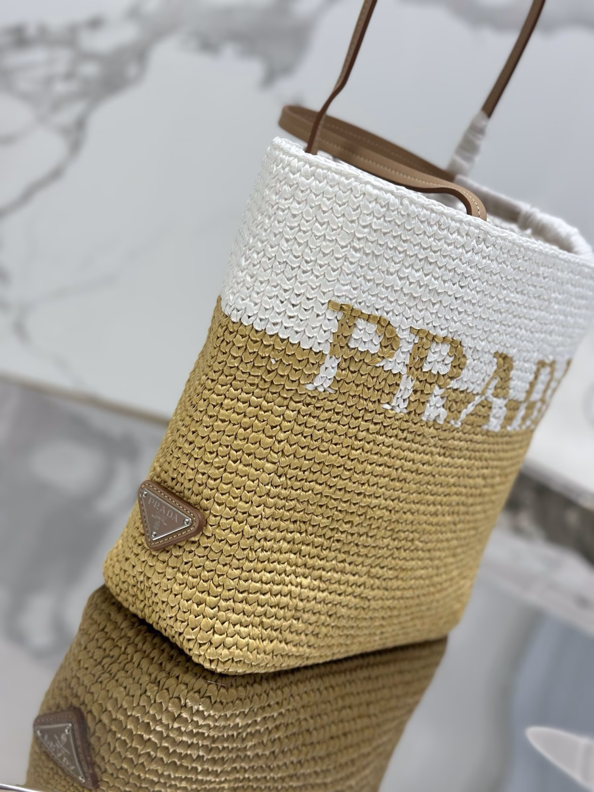 Prada Crochet Small Tote Bag in Beige/White Raffia-effect Yarn - Image 2