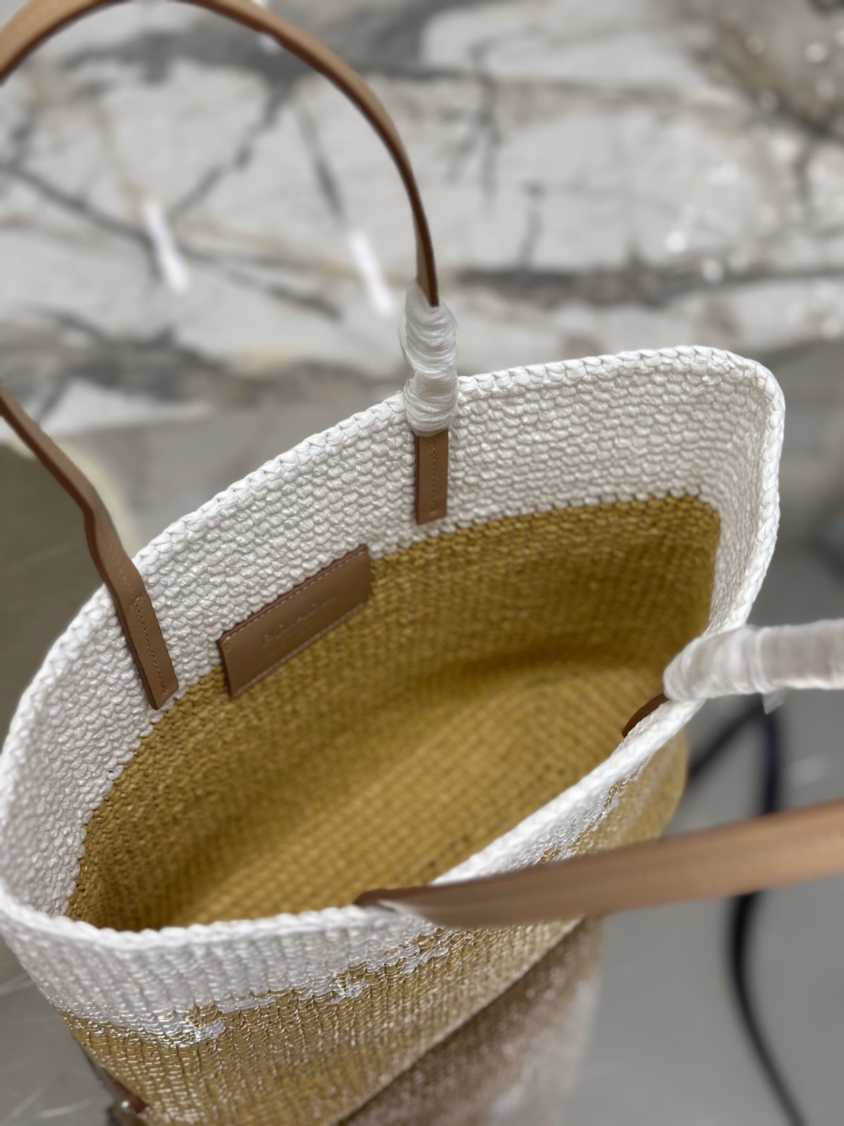 Prada Crochet Small Tote Bag in Beige/White Raffia-effect Yarn - Image 4