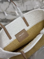 Prada Crochet Small Tote Bag in Beige/White Raffia-effect Yarn - Image 5