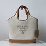 Prada Medium Tote Bag in Linen Blend and Leather - Image 5