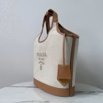 Prada Medium Tote Bag in Linen Blend and Leather - Image 7