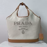 Prada Large Tote Bag in Linen Blend and Leather - Image 6