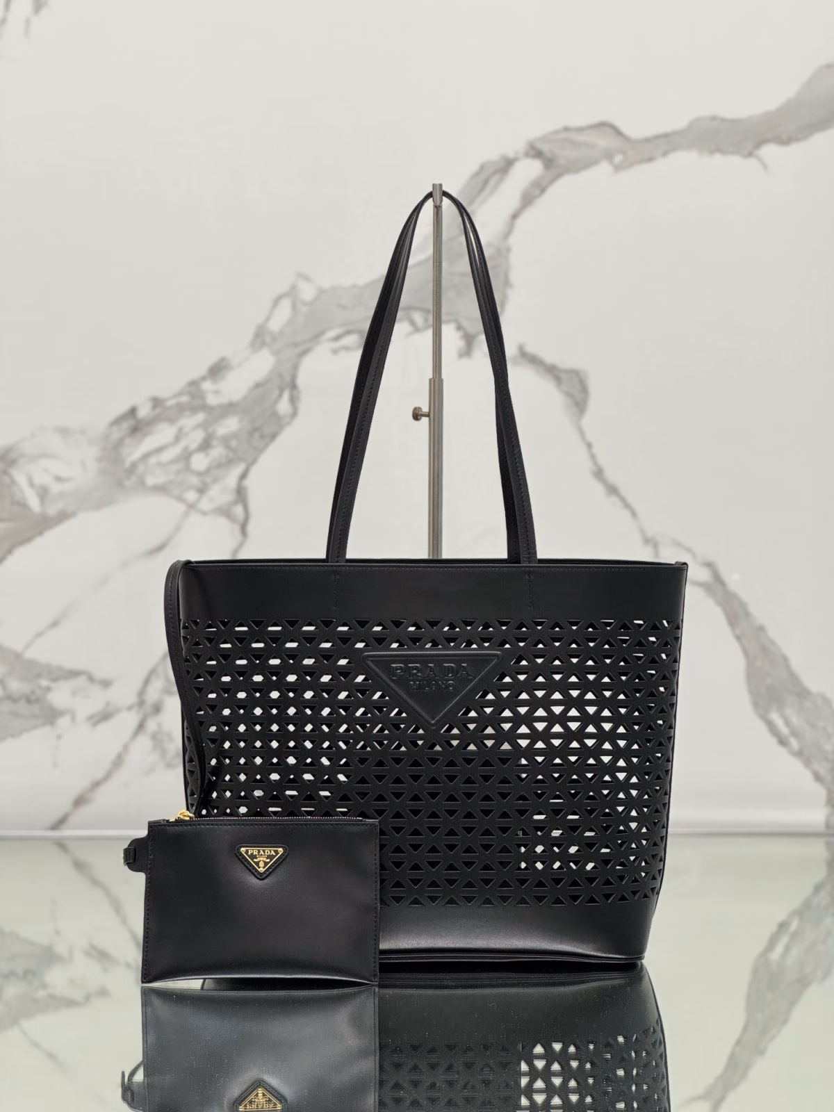 Prada Large Tote Bag in Black Perforated Leather - Image 6