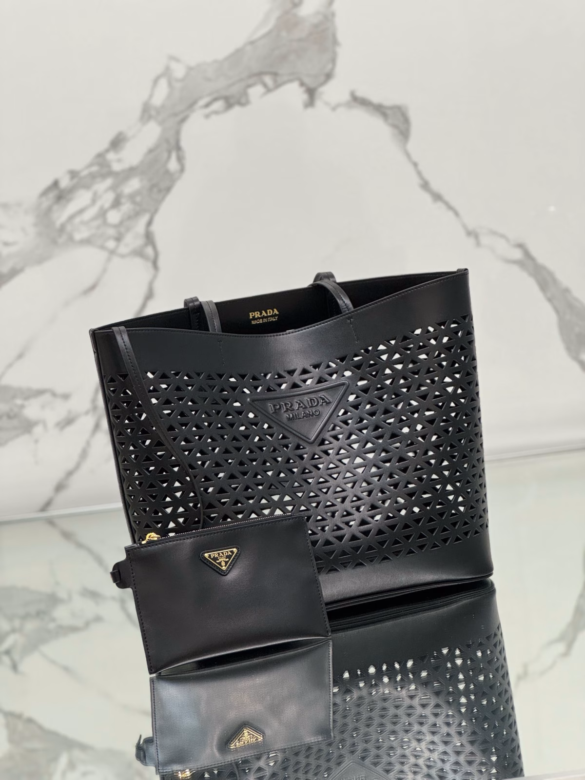 Prada Large Tote Bag in Black Perforated Leather - Image 5