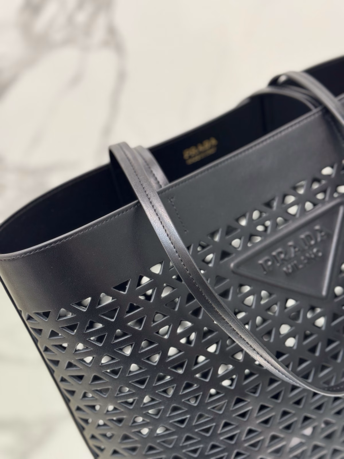 Prada Large Tote Bag in Black Perforated Leather - Image 2