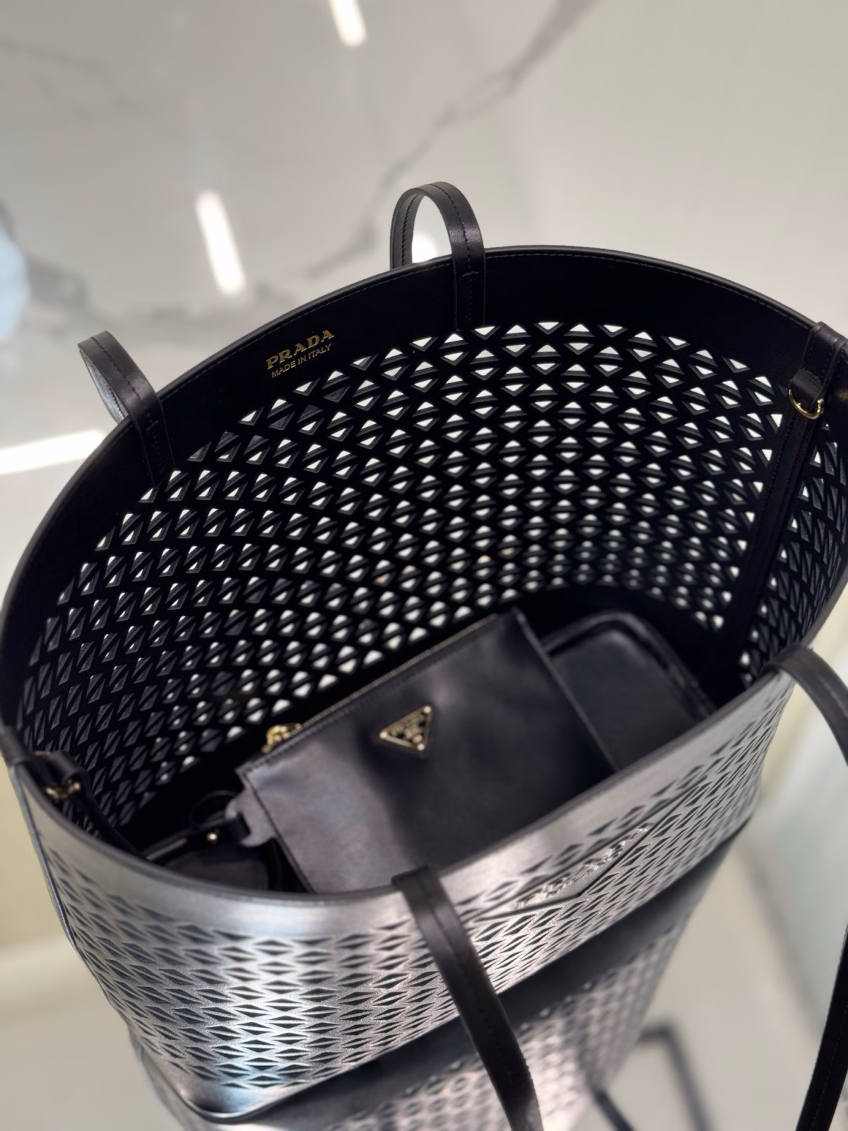Prada Large Tote Bag in Black Perforated Leather - Image 9