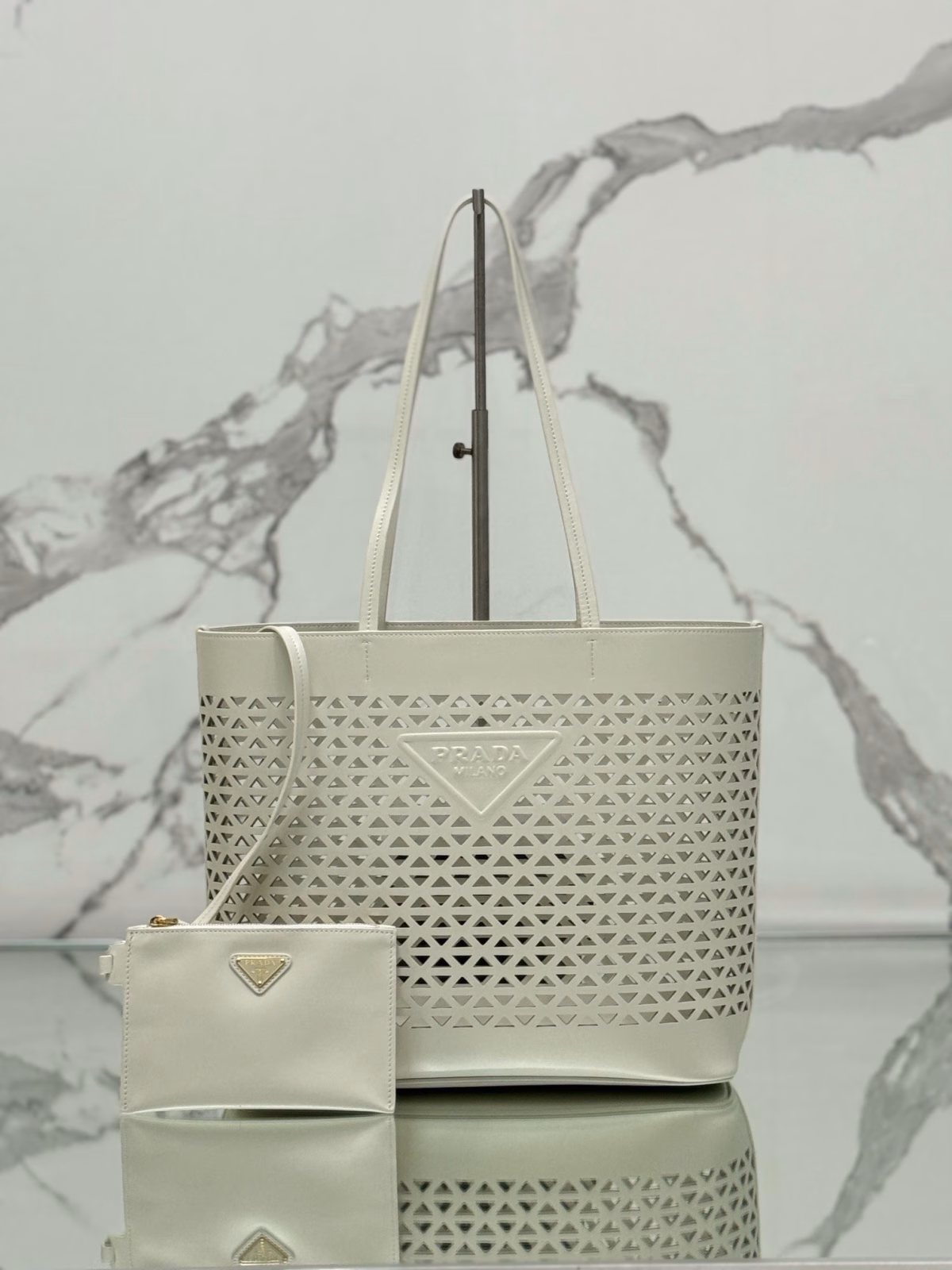 Prada Large Tote Bag in White Perforated Leather - Image 2