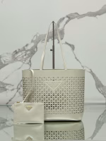 Prada Large Tote Bag in White Perforated Leather - Image 2