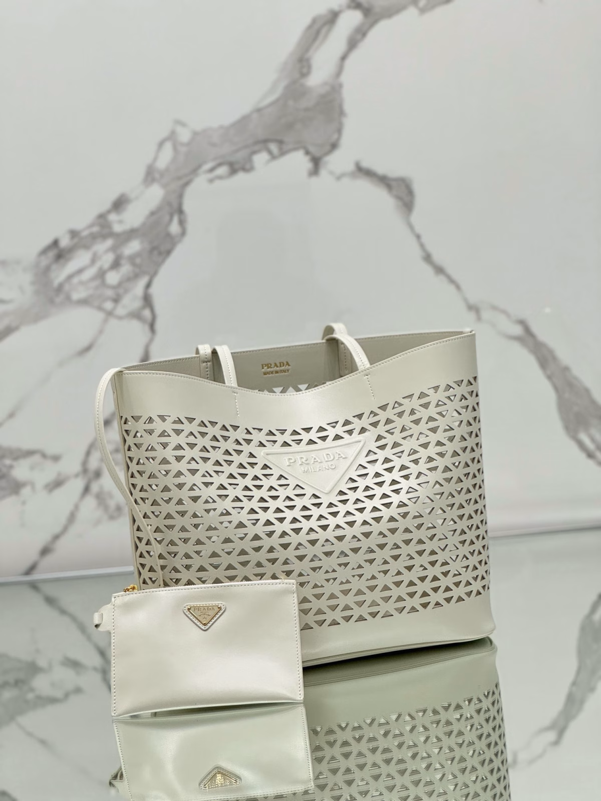 Prada Large Tote Bag in White Perforated Leather - Image 3
