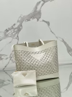 Prada Large Tote Bag in White Perforated Leather - Image 3
