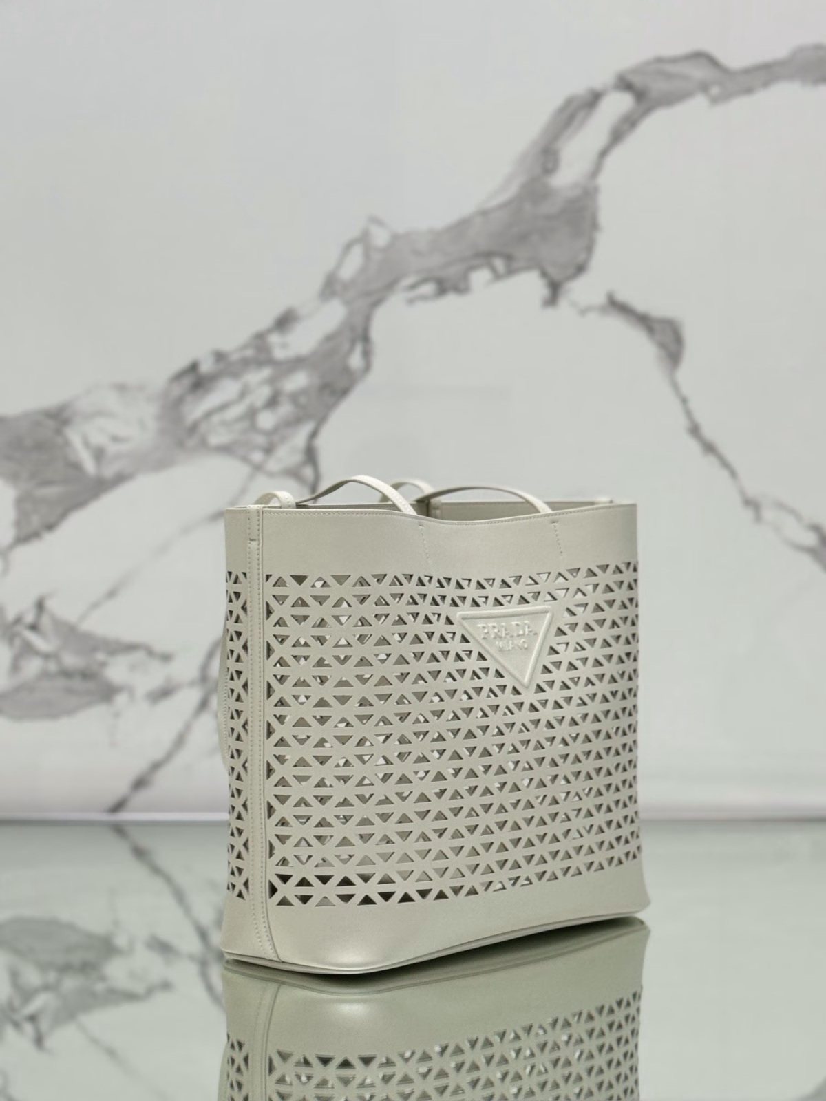 Prada Large Tote Bag in White Perforated Leather - Image 4