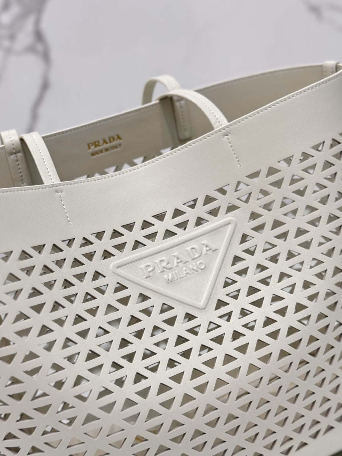 Prada Large Tote Bag in White Perforated Leather - Image 7