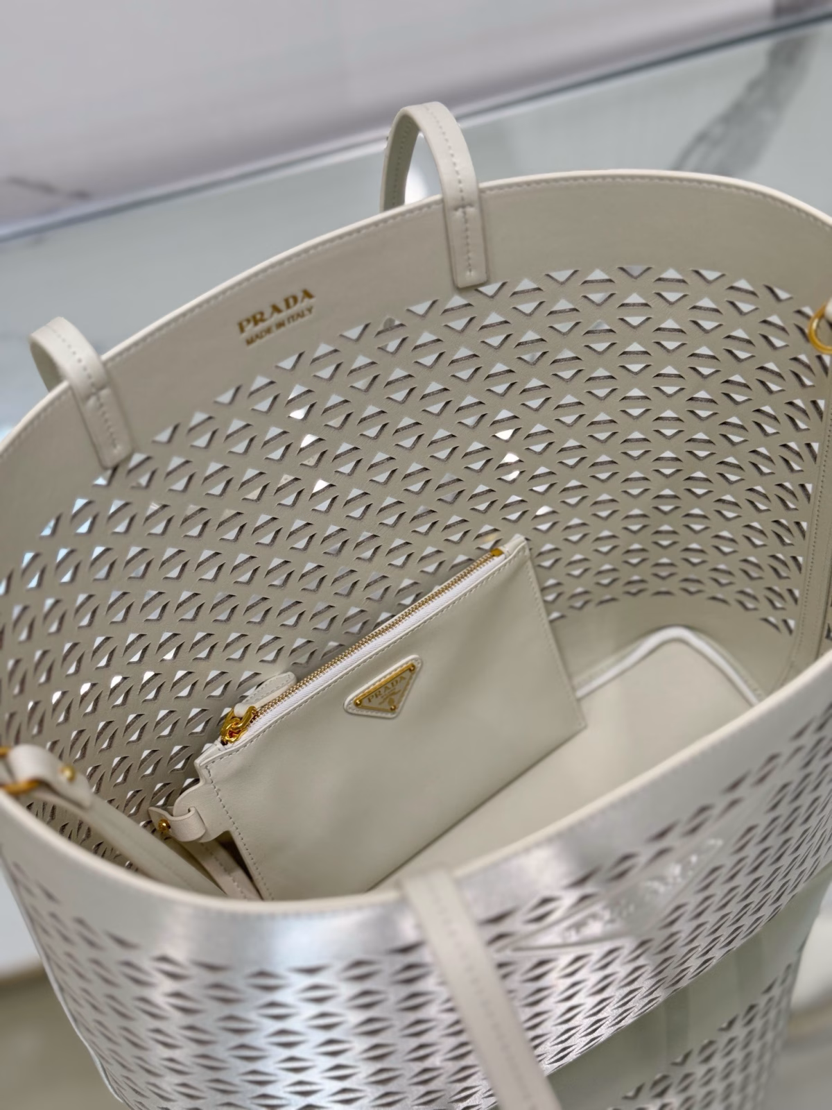 Prada Large Tote Bag in White Perforated Leather - Image 9