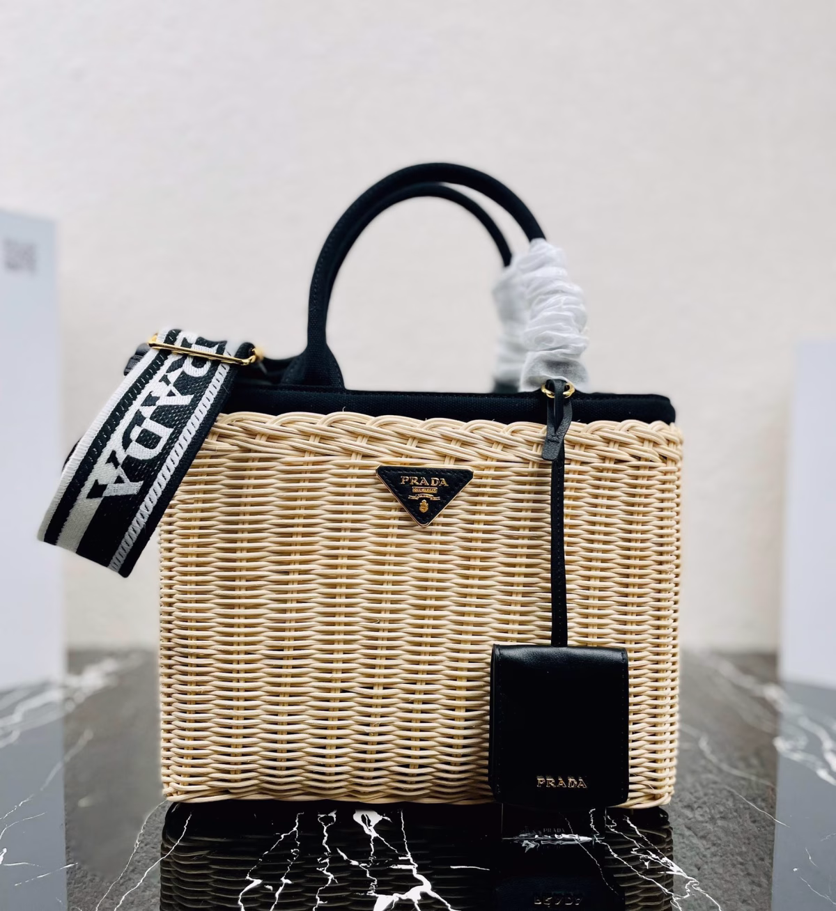 Prada Tote Bag In Wicker and Black Canvas - Image 4