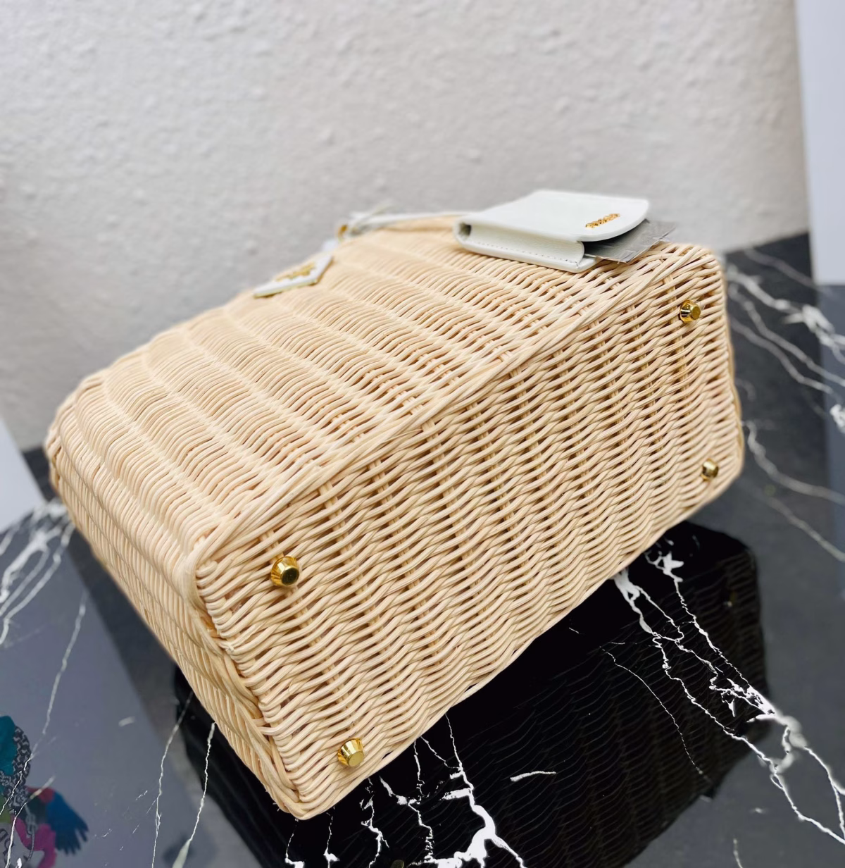 Prada Tote Bag In Wicker and White Canvas - Image 5