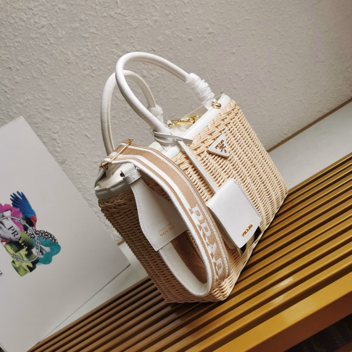 Prada Medium Blend Tote Bag in Wicker and Linen - Image 9
