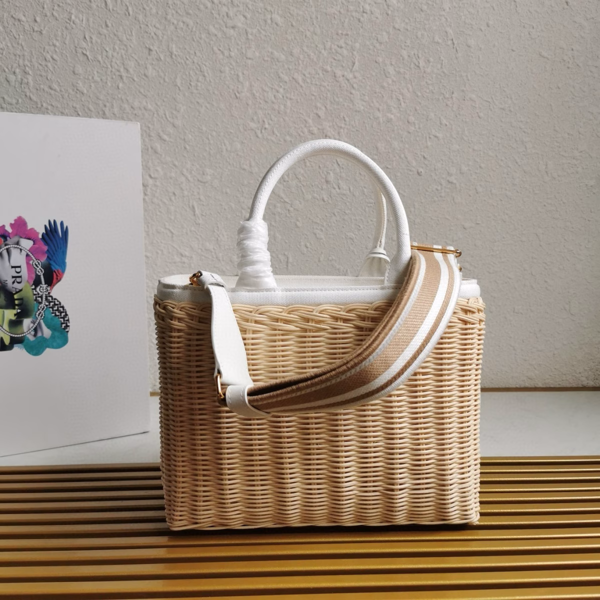 Prada Medium Blend Tote Bag in Wicker and Linen - Image 8