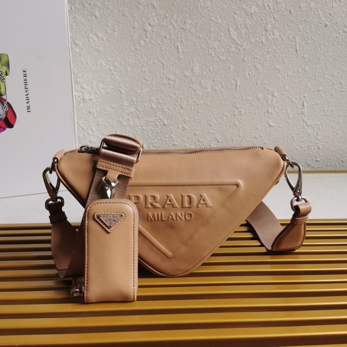Prada Triangle Shoulder Bag In Beige Leather - Image 9