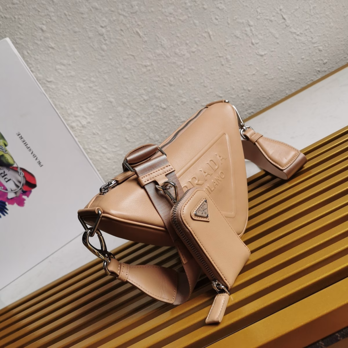 Prada Triangle Shoulder Bag In Beige Leather - Image 4