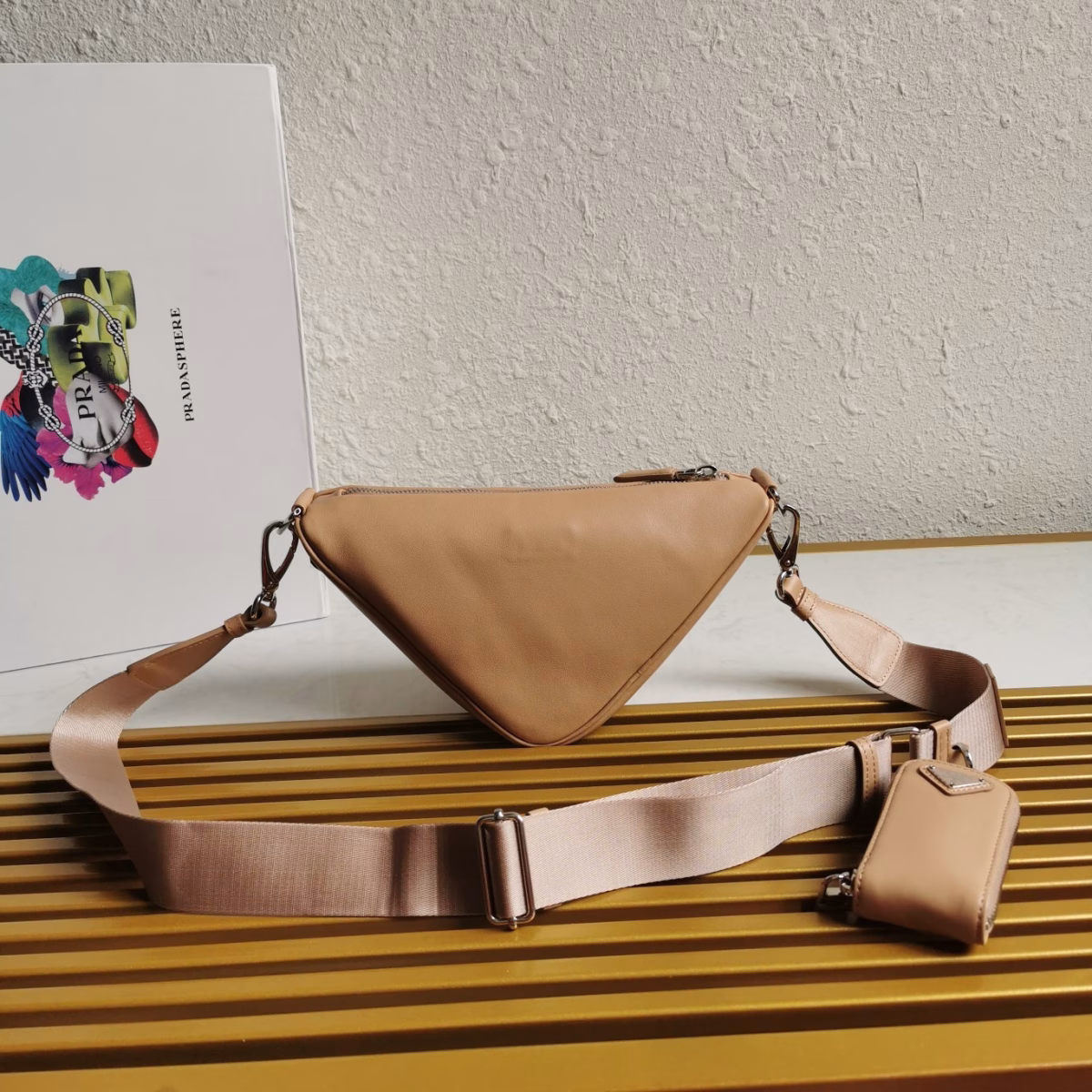 Prada Triangle Shoulder Bag In Beige Leather - Image 7