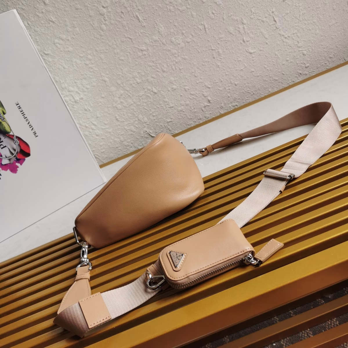 Prada Triangle Shoulder Bag In Beige Leather - Image 2