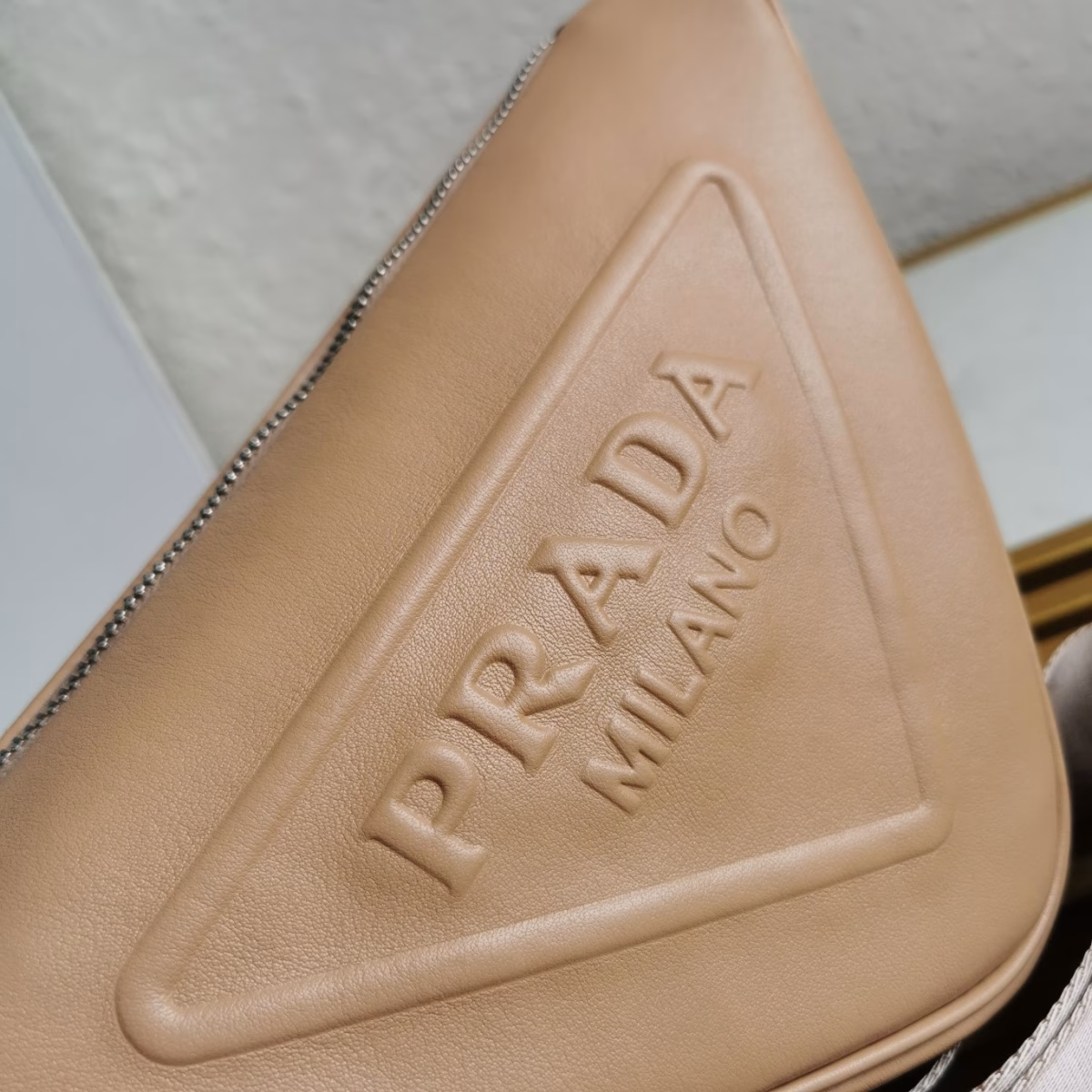 Prada Triangle Shoulder Bag In Beige Leather - Image 3