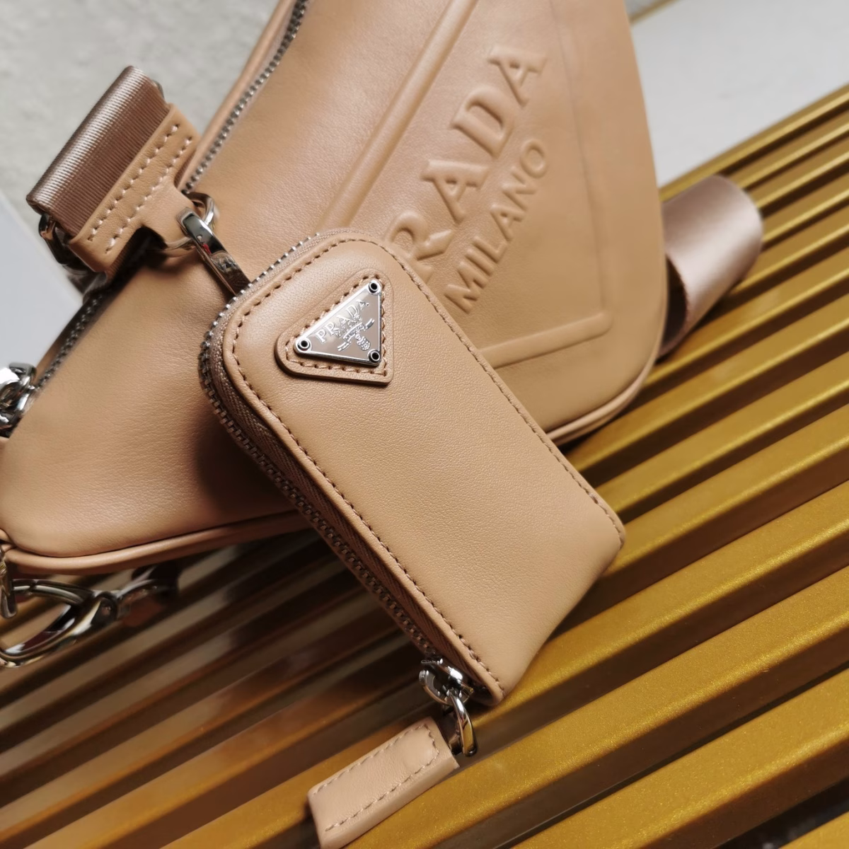 Prada Triangle Shoulder Bag In Beige Leather - Image 5