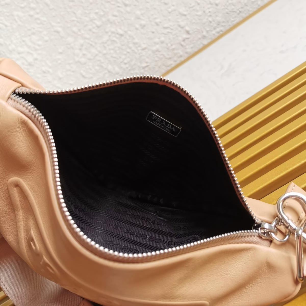 Prada Triangle Shoulder Bag In Beige Leather - Image 10