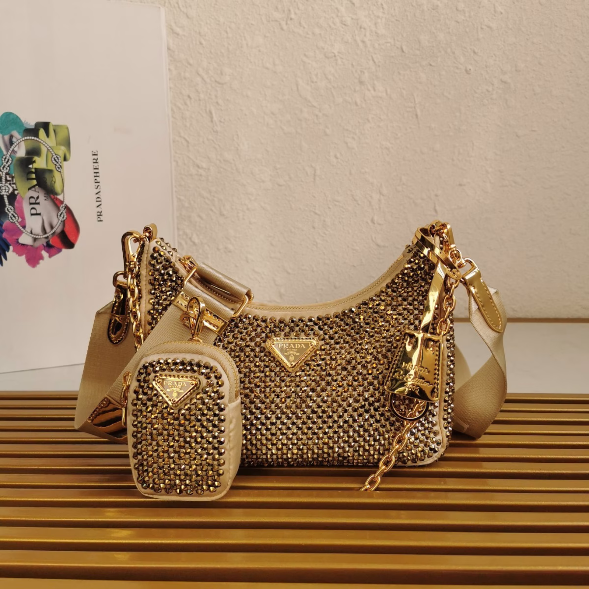 Prada Re-Edition 2005 Bag In Gold Satin with Crystal - Image 6