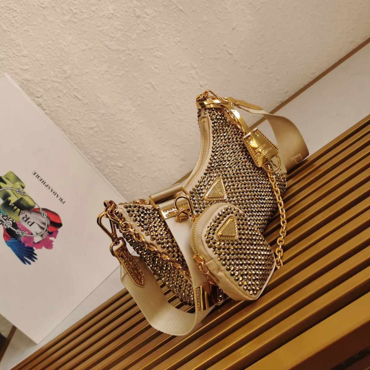 Prada Re-Edition 2005 Bag In Gold Satin with Crystal - Image 7