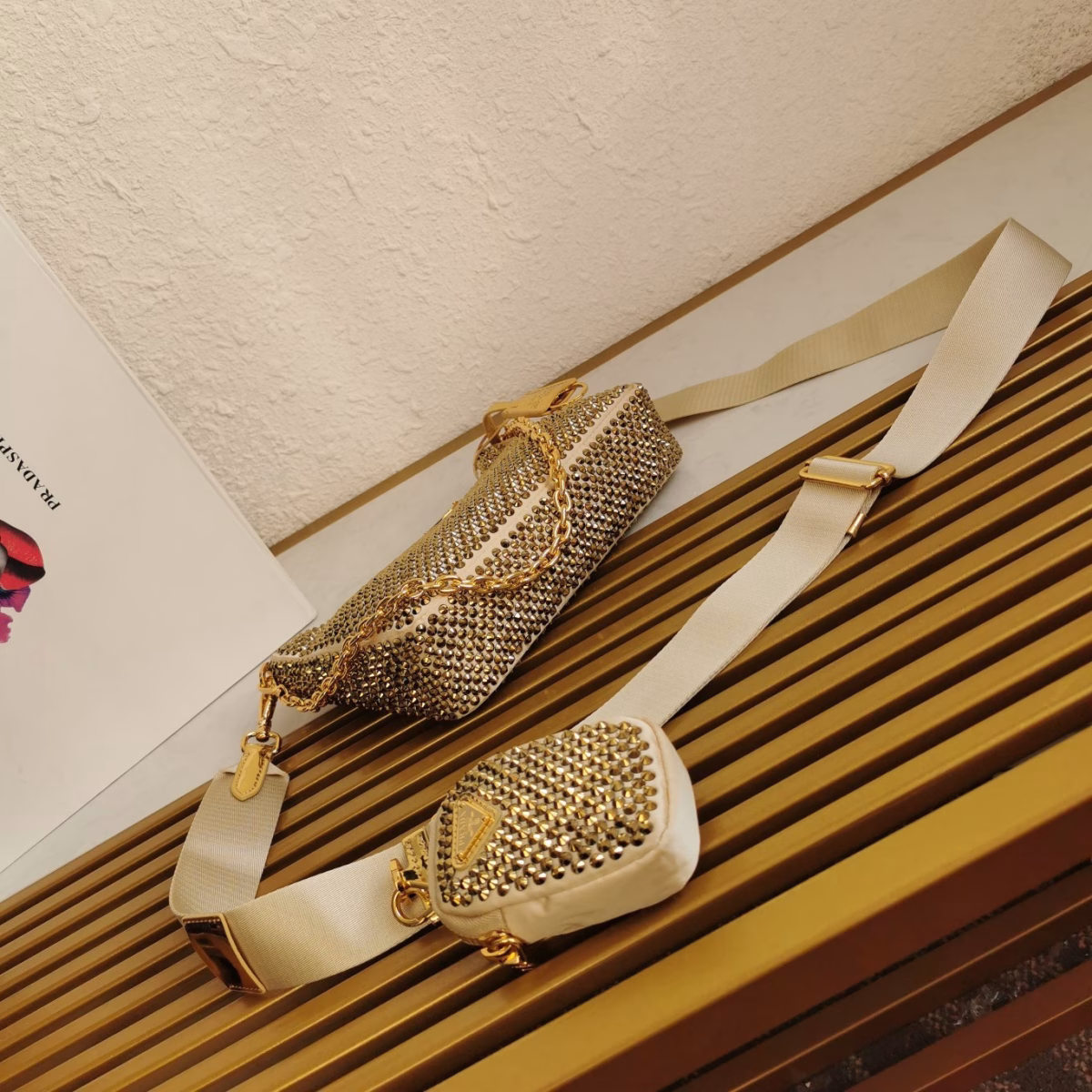 Prada Re-Edition 2005 Bag In Gold Satin with Crystal - Image 8