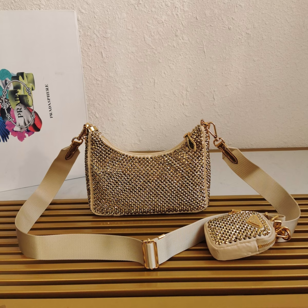 Prada Re-Edition 2005 Bag In Gold Satin with Crystal - Image 9