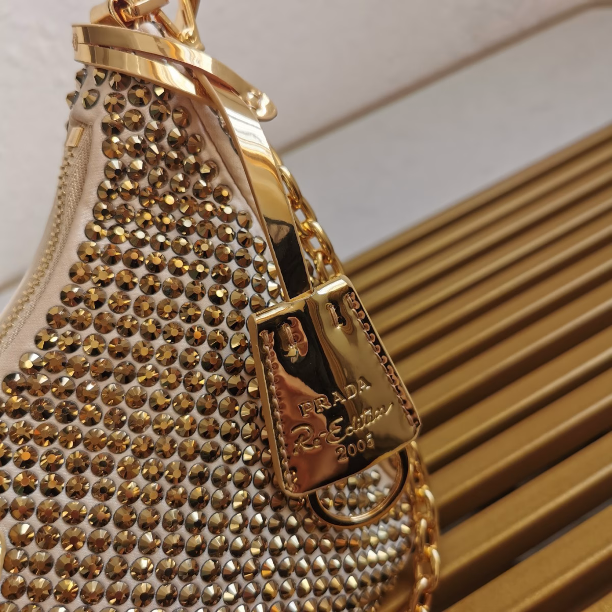 Prada Re-Edition 2005 Bag In Gold Satin with Crystal - Image 10