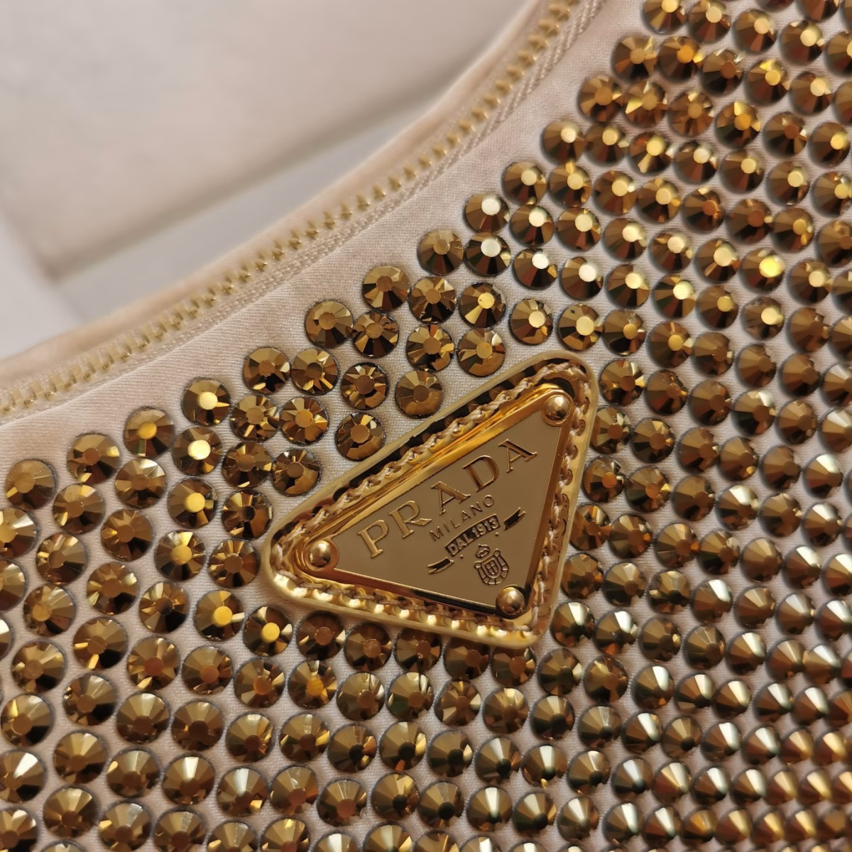 Prada Re-Edition 2005 Bag In Gold Satin with Crystal - Image 2