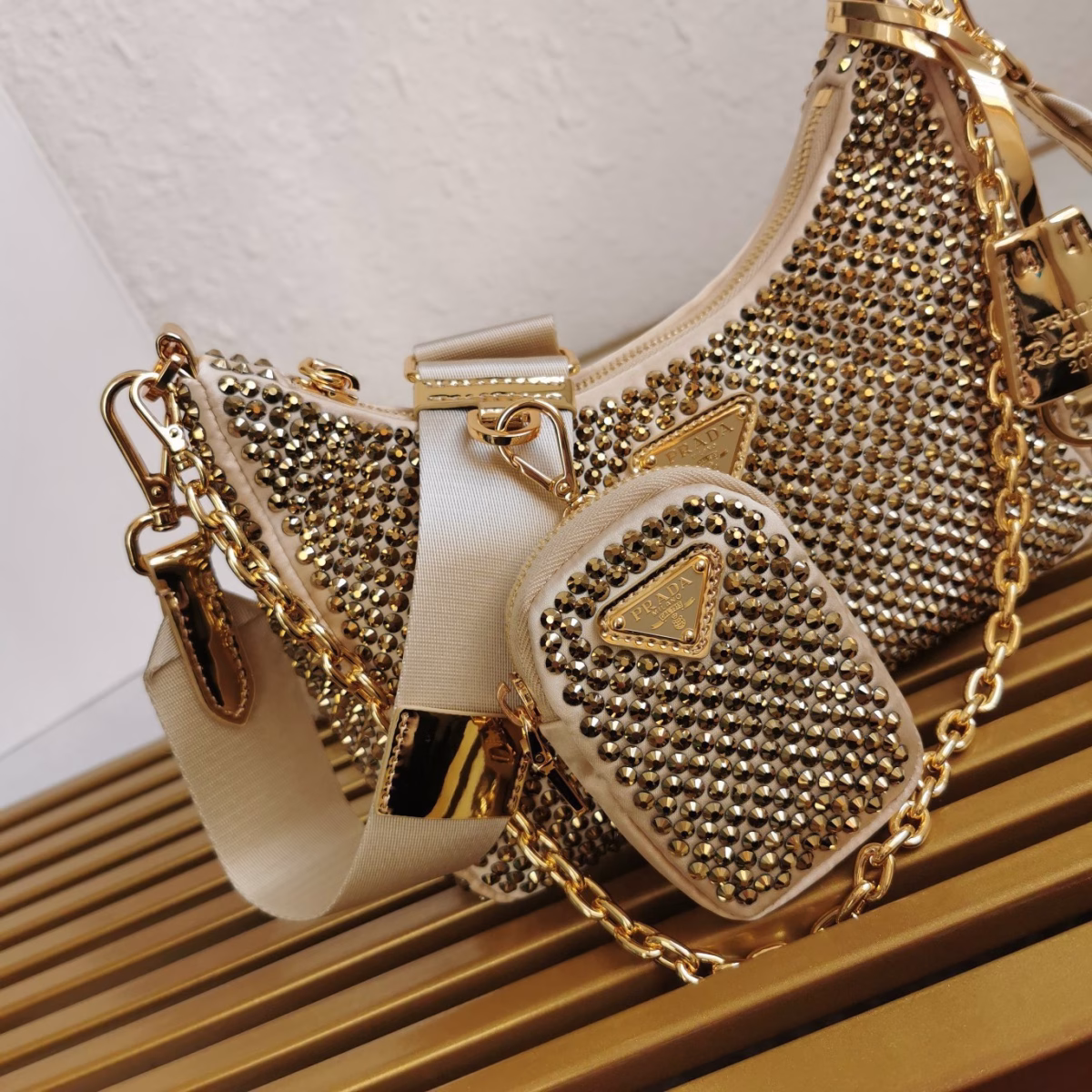 Prada Re-Edition 2005 Bag In Gold Satin with Crystal - Image 3
