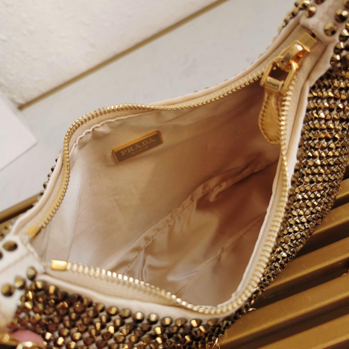 Prada Re-Edition 2005 Bag In Gold Satin with Crystal - Image 5