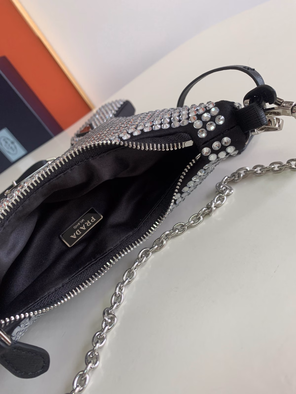 Prada Re-Edition 2005 Bag In Black Satin with Crystals - Image 9