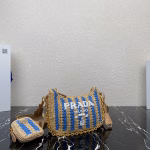 Prada Re-Edition 2005 Bag In Beige and Blue Stripe Raffia - Image 8
