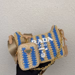 Prada Re-Edition 2005 Bag In Beige and Blue Stripe Raffia - Image 2